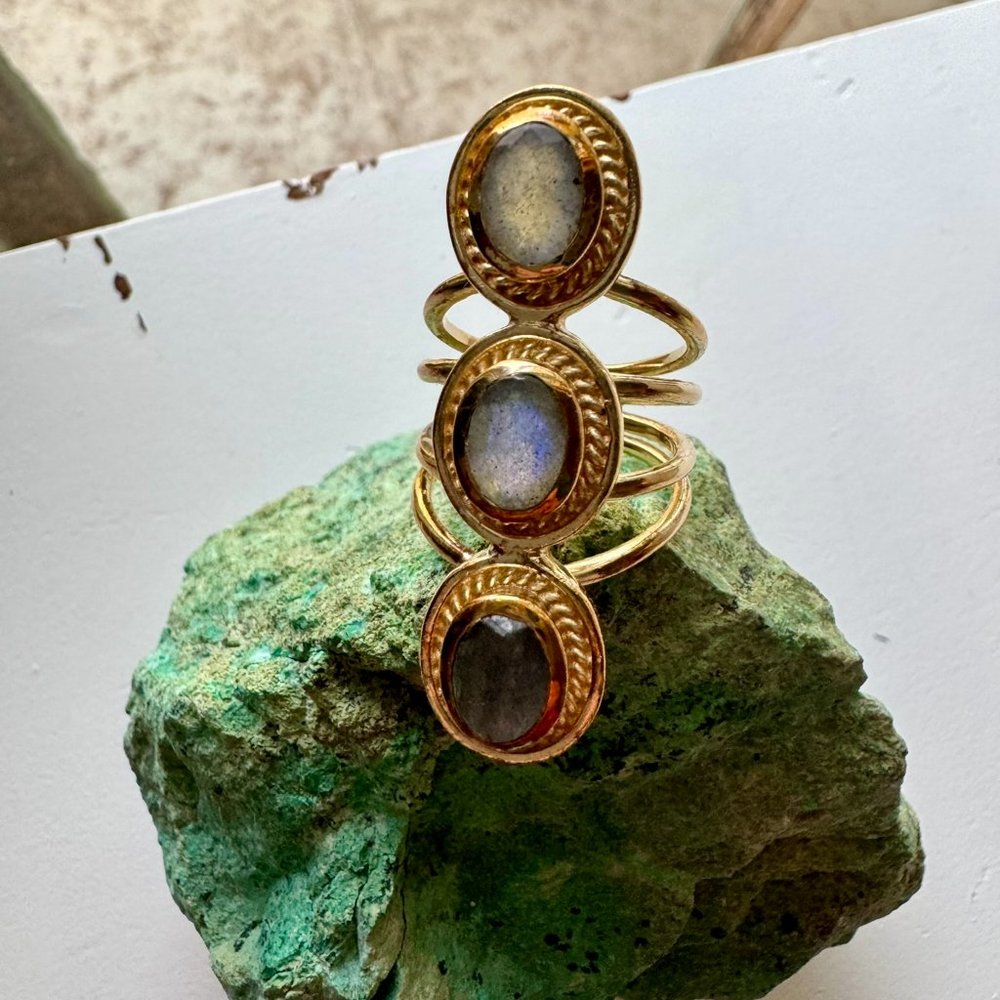 triple labradorite ring with 18k gold plated band, size 7 - bohemian jewelry